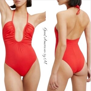 NWT Good American Leilani Halter Plunge One Piece Swimsuit Red M